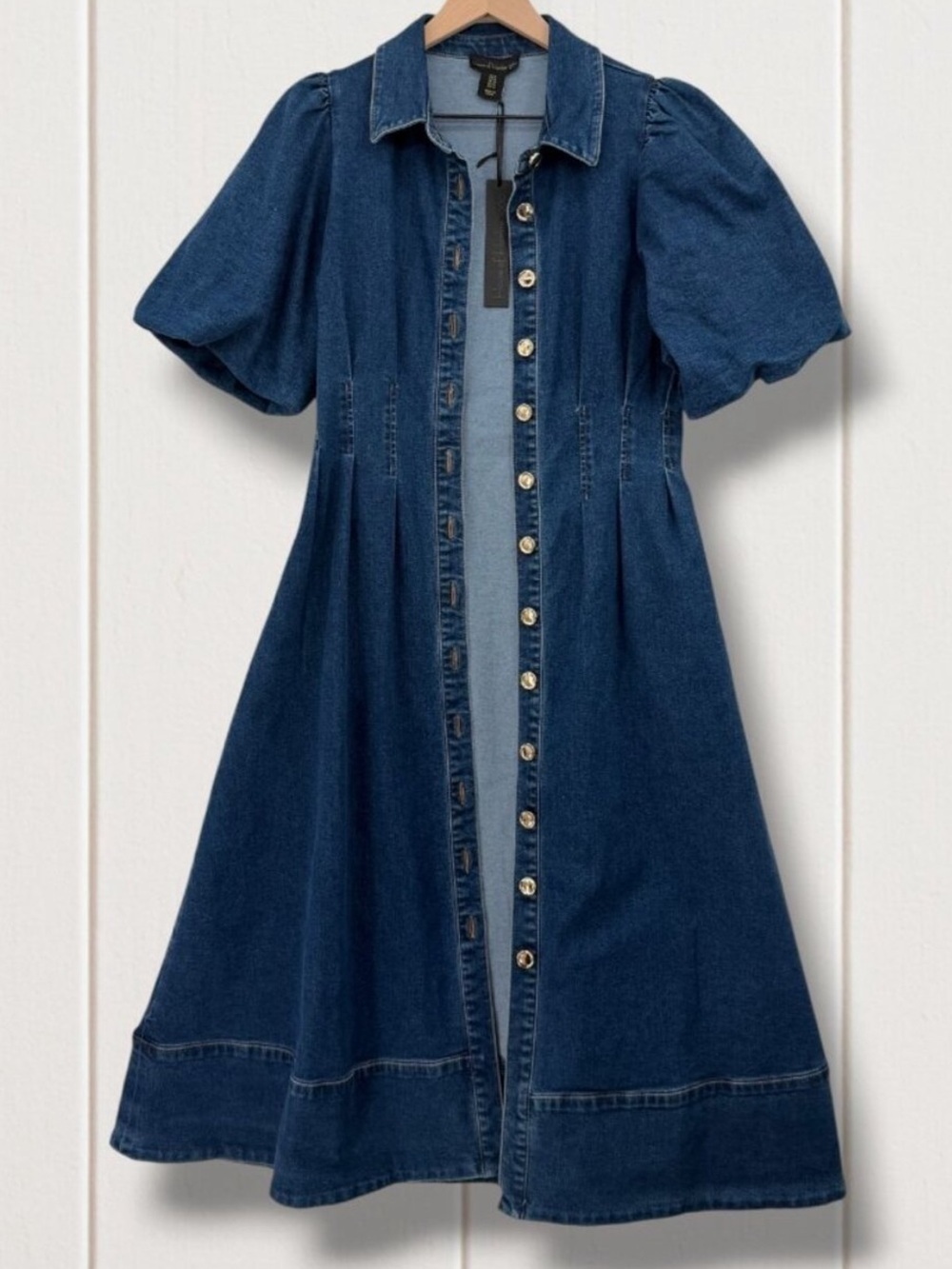 NEW HOUSE OF HARLOW PUFFER AND PLEATED WAIST SLEEVES DENIM DRESS SIZE 6 - Picture 9 of 12